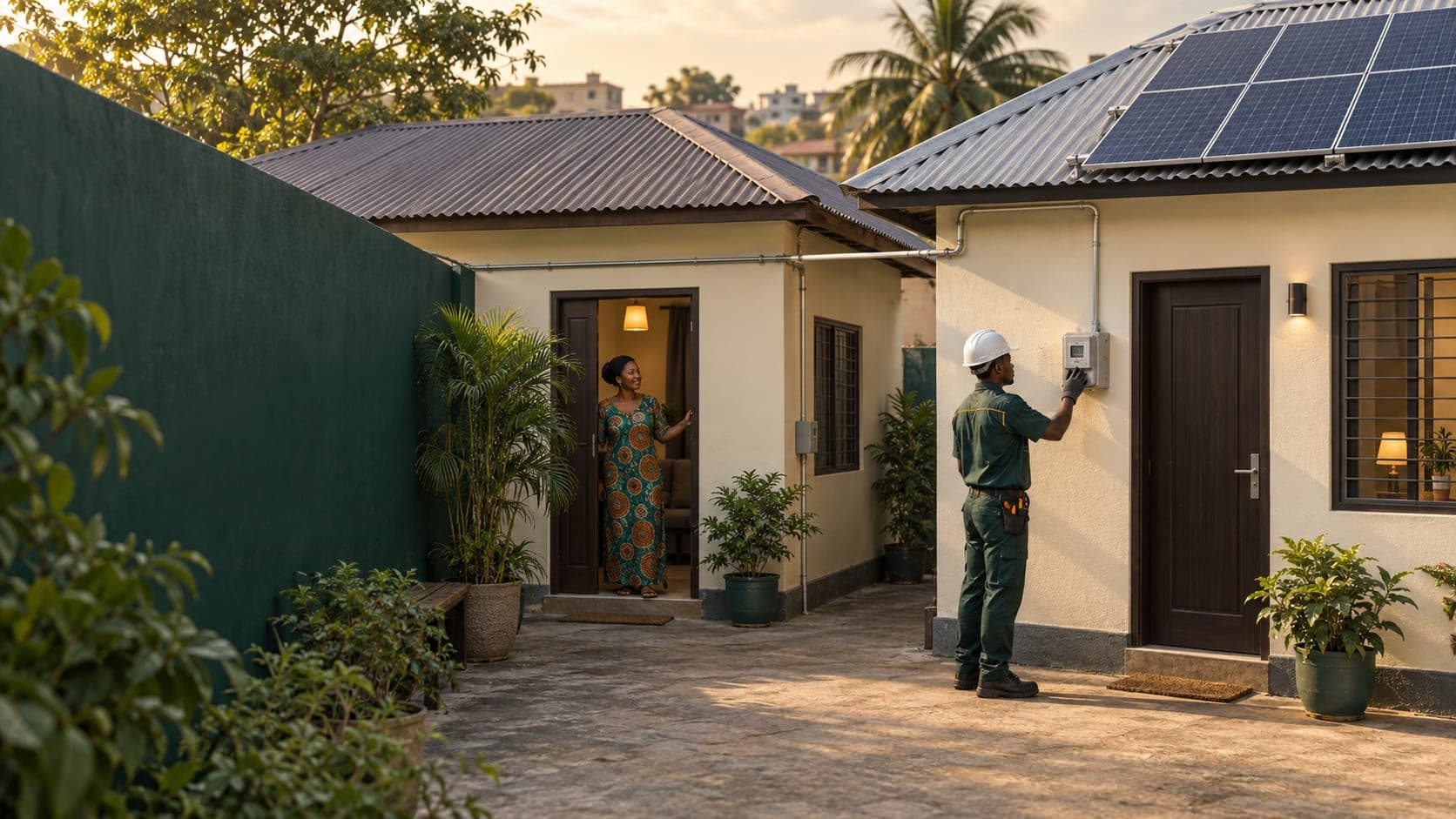 Illustration: a house with solar panels on its roof and a cable running along the wall to the house next door, where a woman smiles from a lit doorway. A technician in a hard hat checks a meter on the wall of the solar house.